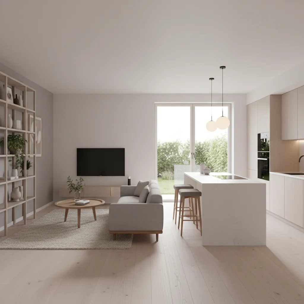 Open plan living room and kitchen inside a small modern home
