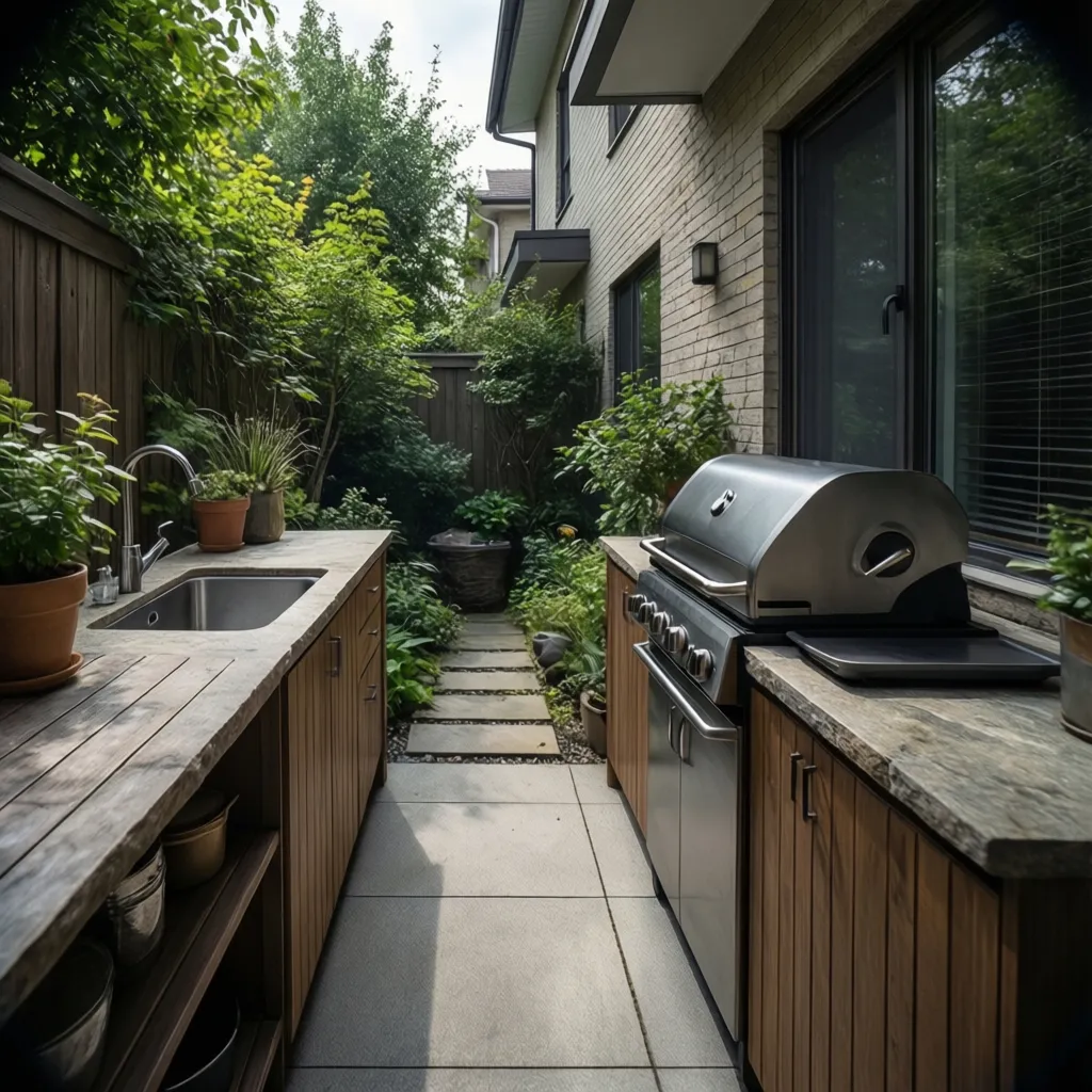 Small backyard outdoor kitchen with grill and compact counter layout