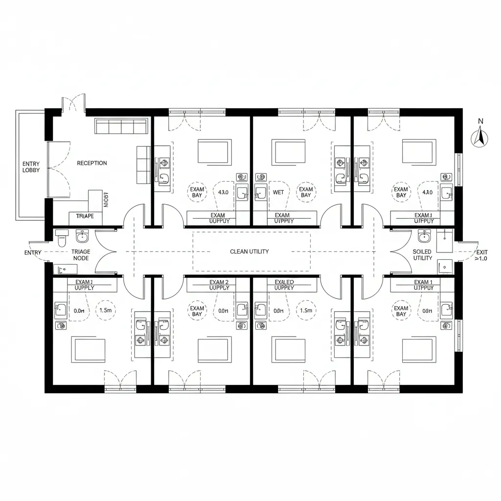 Clean interior design drawing of an outpatient clinic with reception area and multiple exam rooms