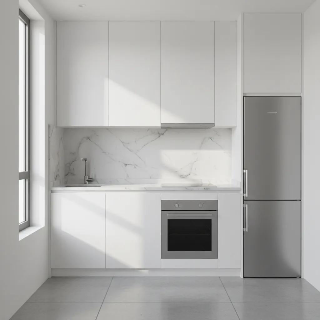 Small apartment kitchen with vertical cabinets and compact layout