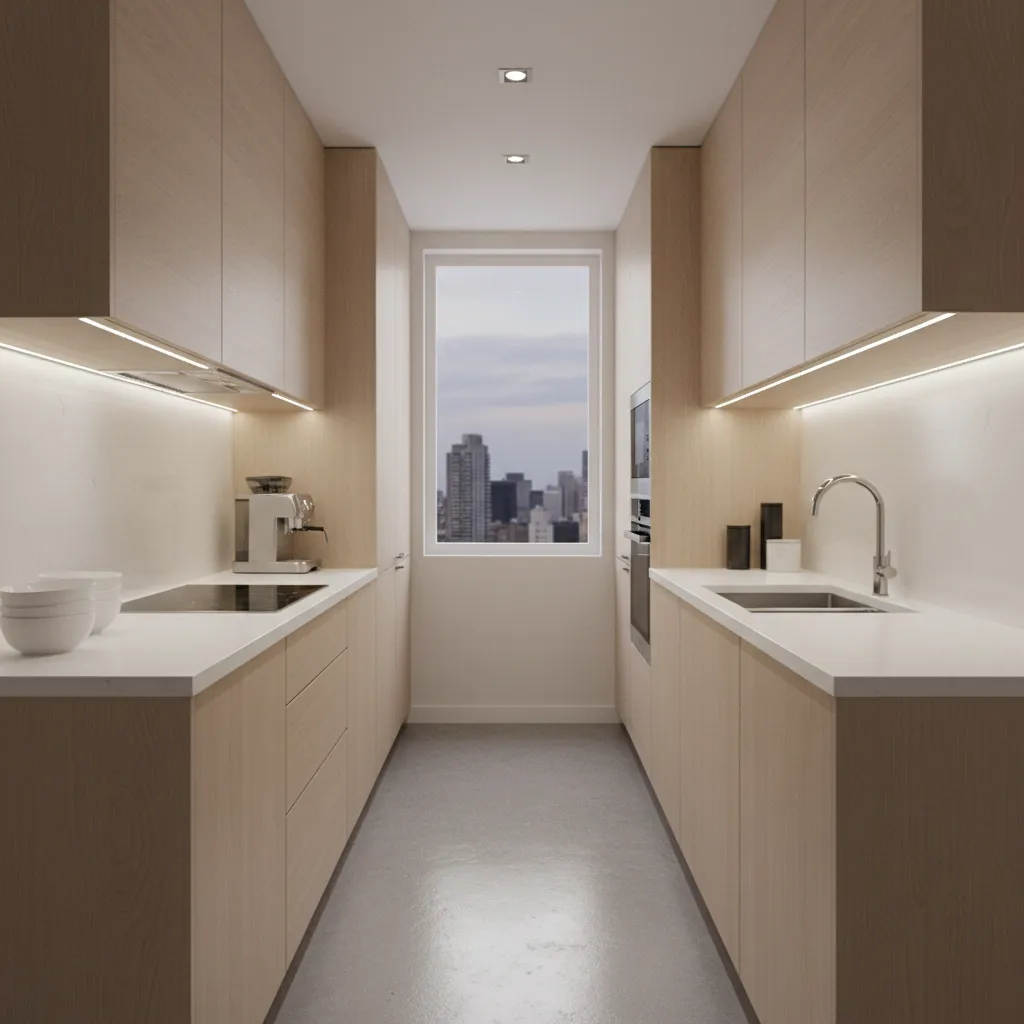Small parallel kitchen layout with cabinets on both sides and narrow walkway