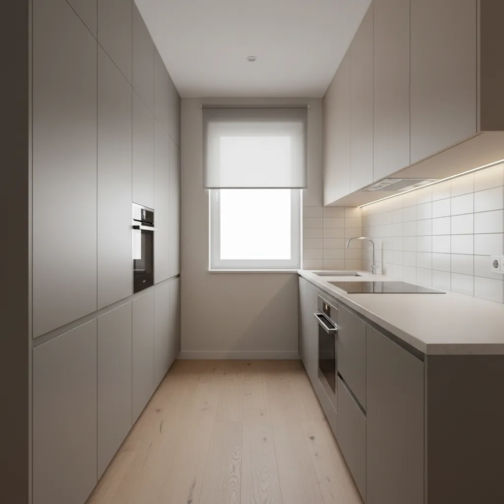 Small apartment parallel kitchen layout with narrow aisle