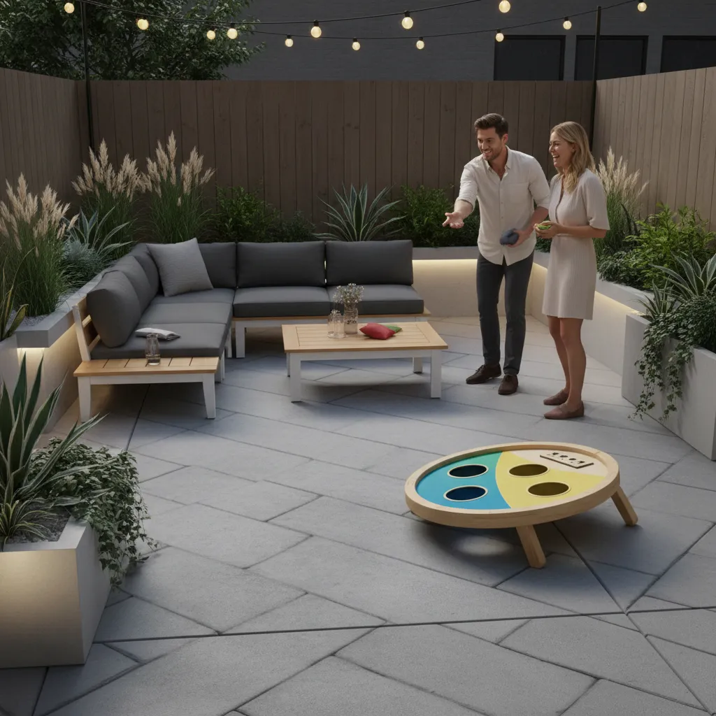 Target toss game adapted for a small patio outdoor play area