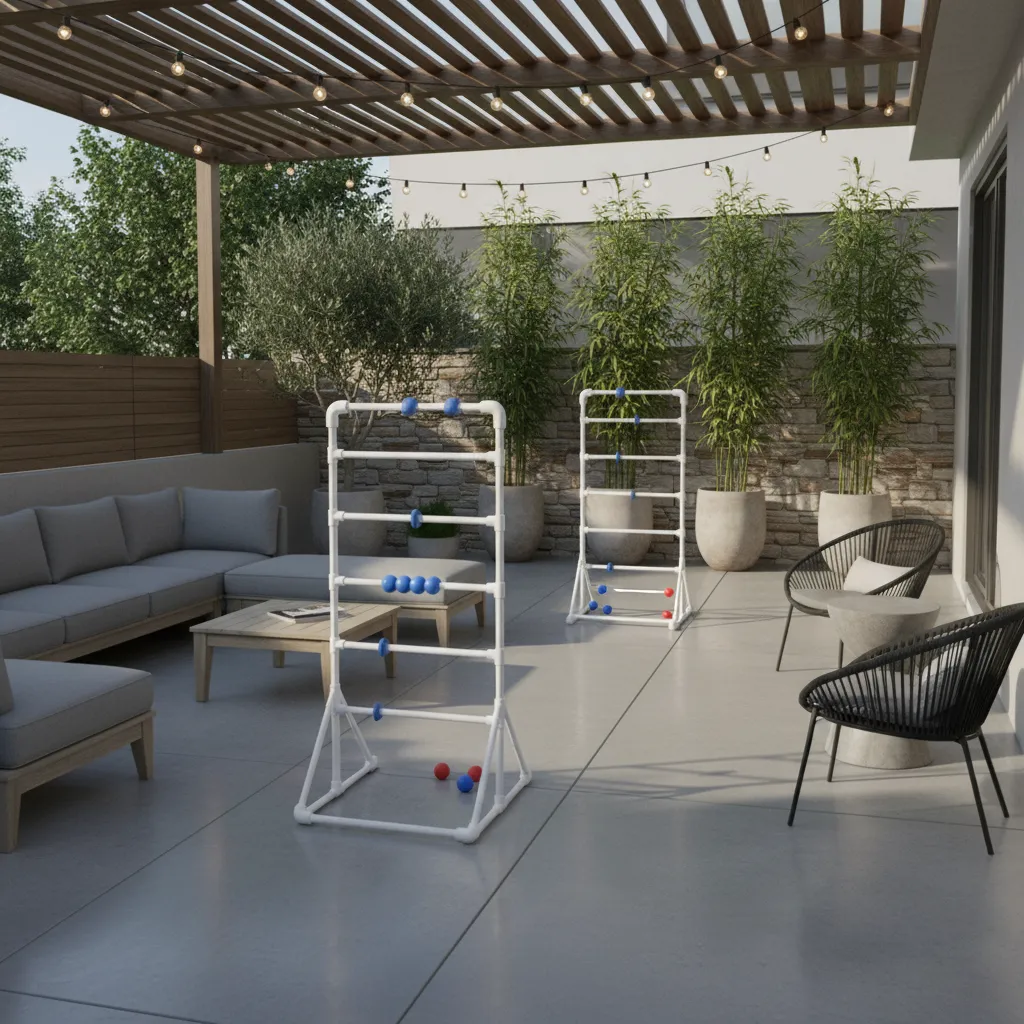 Small patio with ladder toss game set up in a compact outdoor space