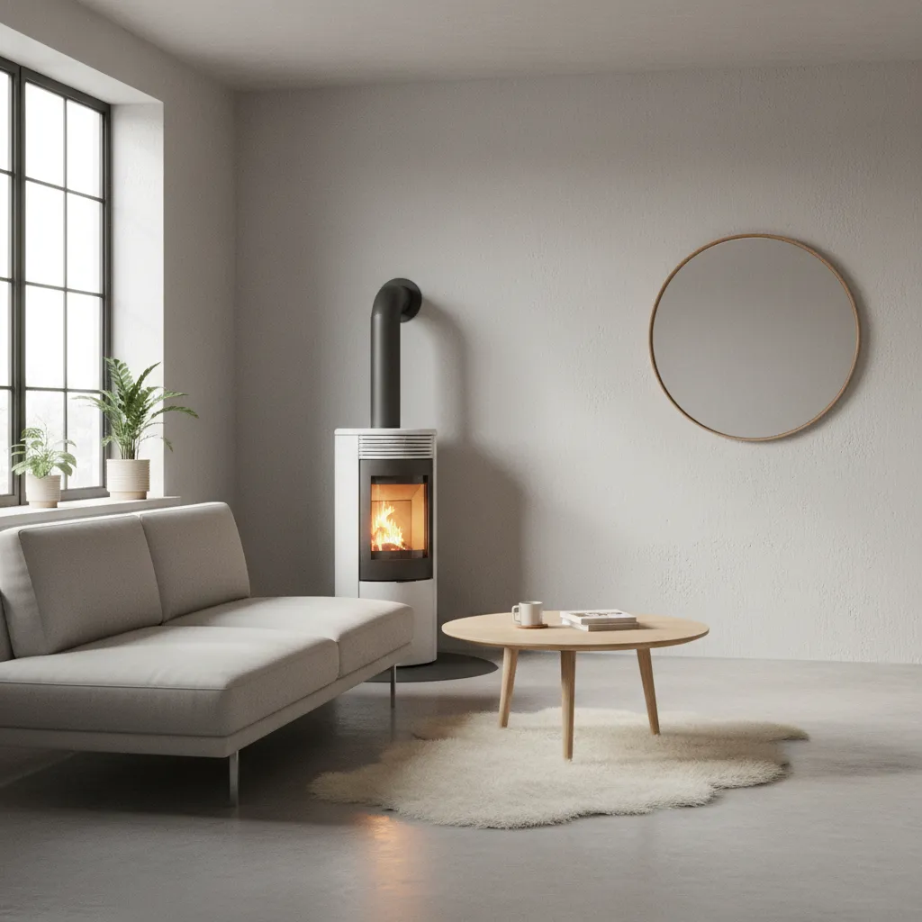 small pellet stove installed in compact living room