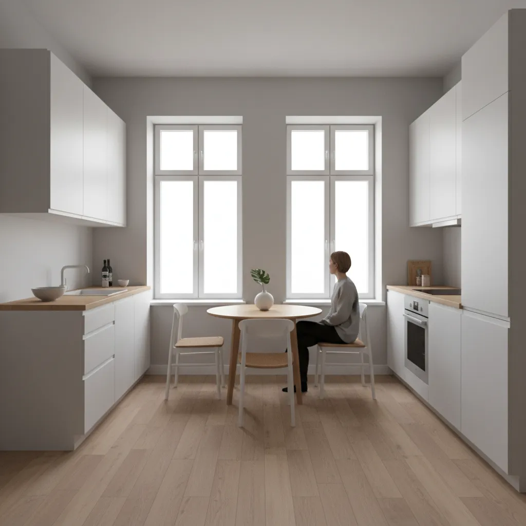 Small apartment kitchen with a compact person kitchen table for one or two people
