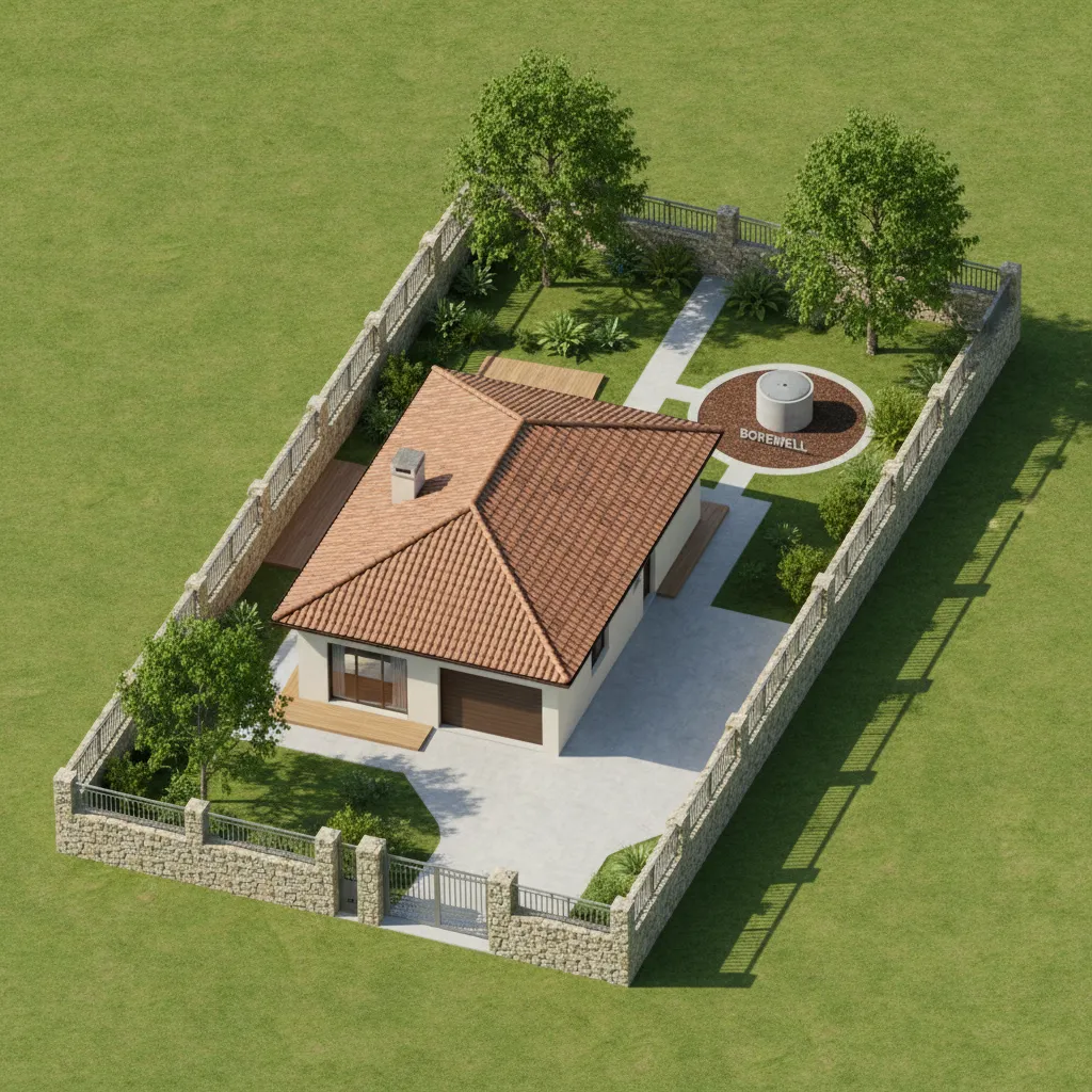 Small house with orange roof and walled garden showing a water well in the back corner