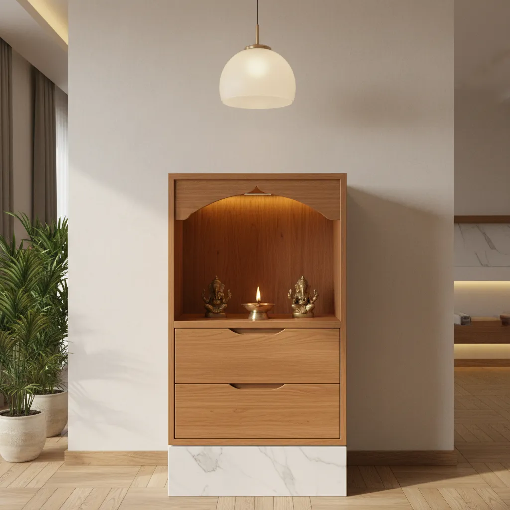 compact pooja cabinet with hidden storage drawers and wooden finish