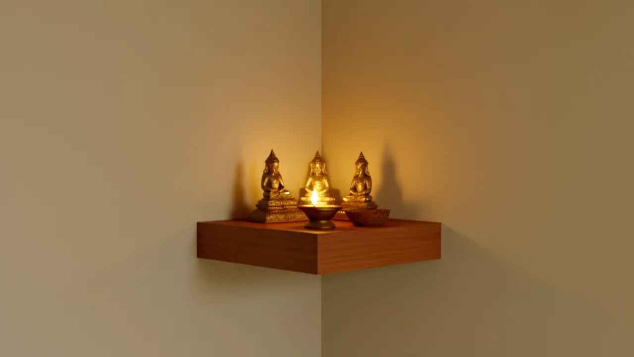 small apartment pooja corner with floating mandir shelf and soft lighting