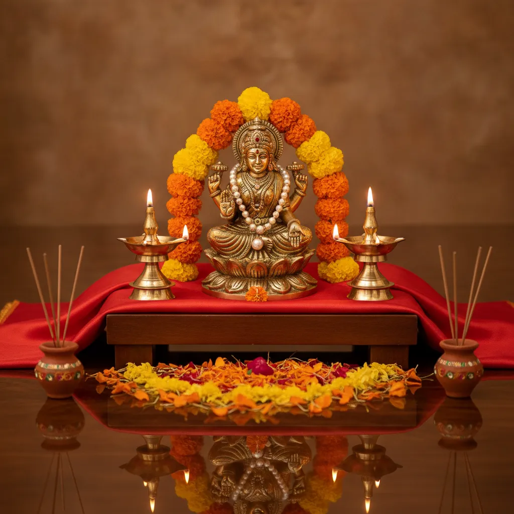 small raised platform pooja setup with diyas and flowers