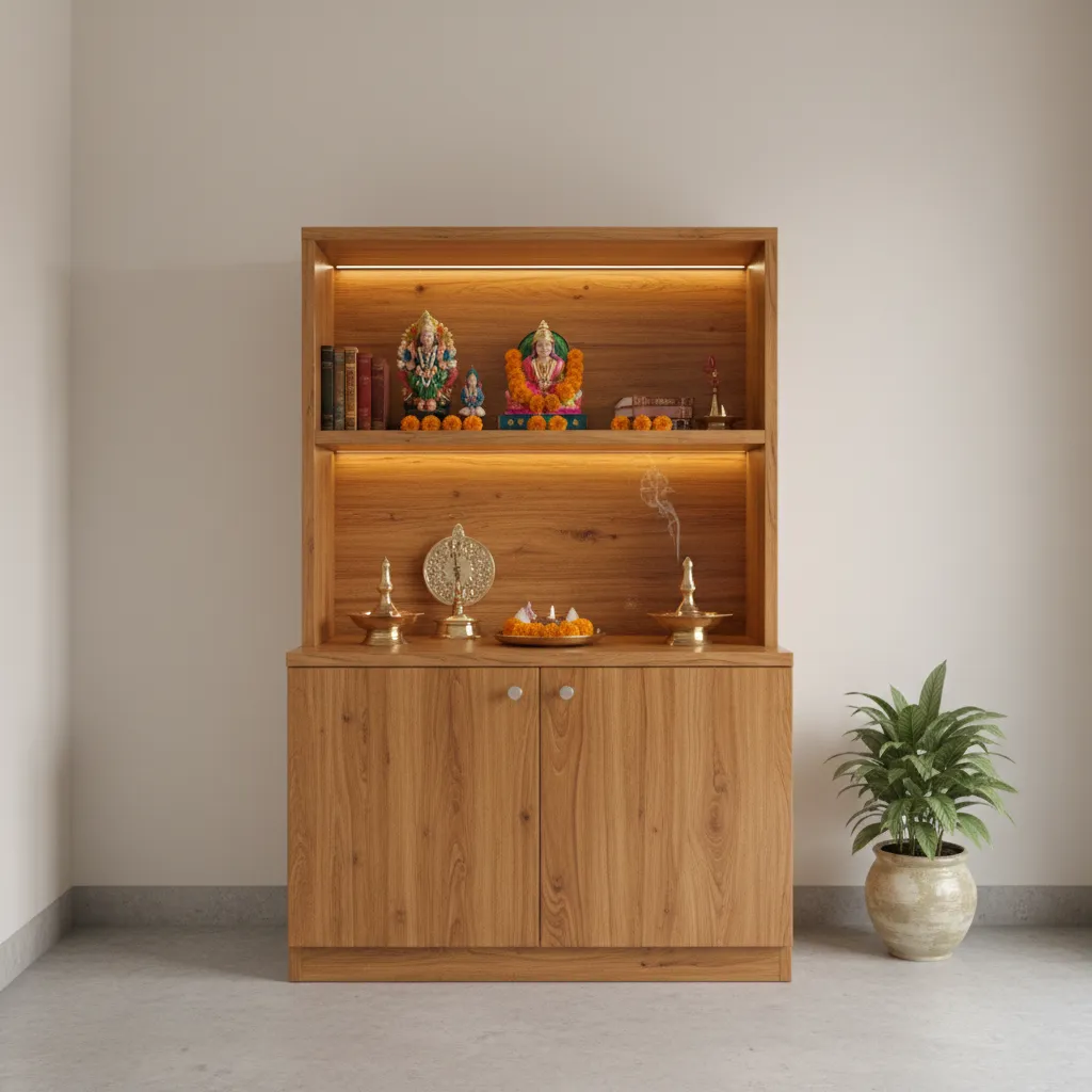 Small pooja room cabinet with organized shelves and wooden finish