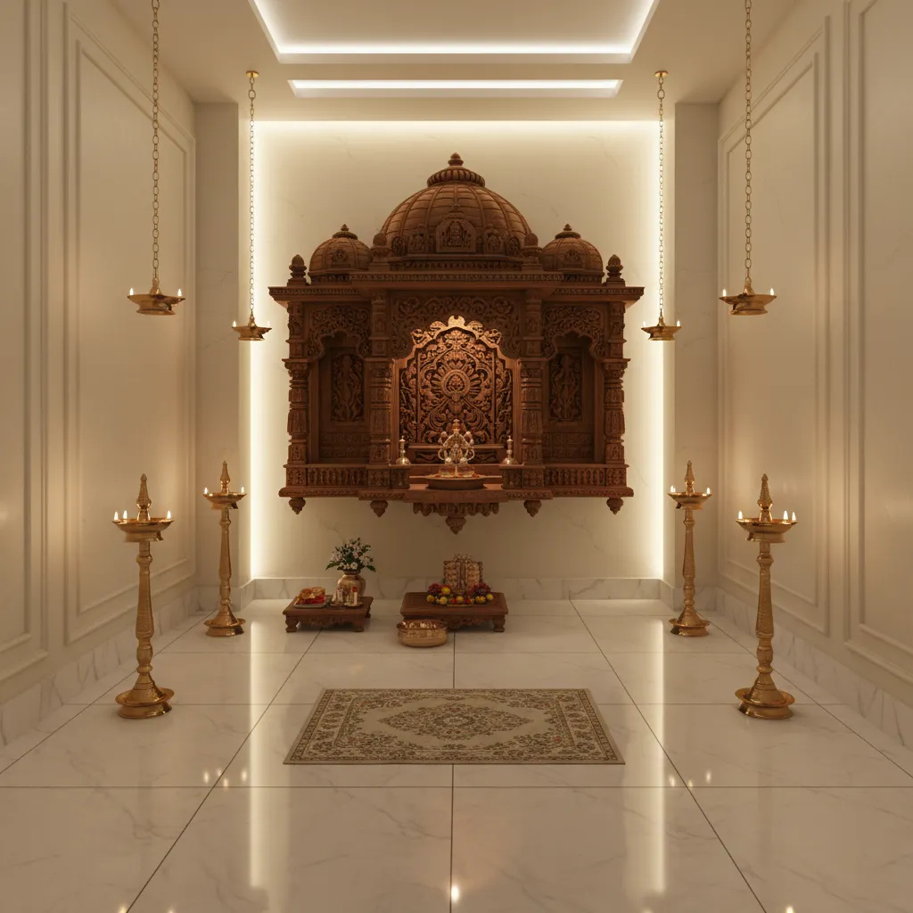 Complete compact pooja room with wooden mandir and soft lighting