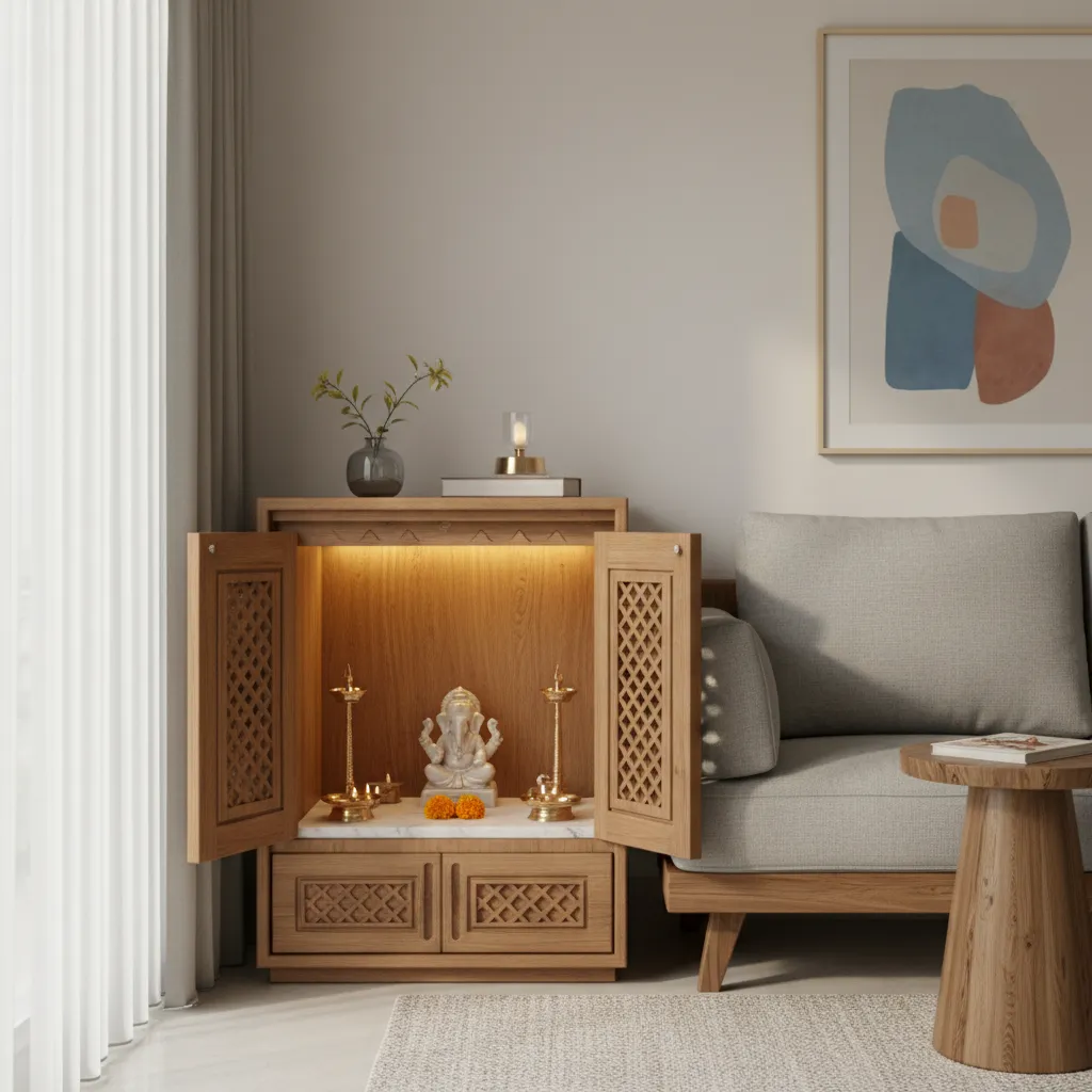 Small corner pooja room in an apartment with wooden mandir cabinet and marble idol shelf