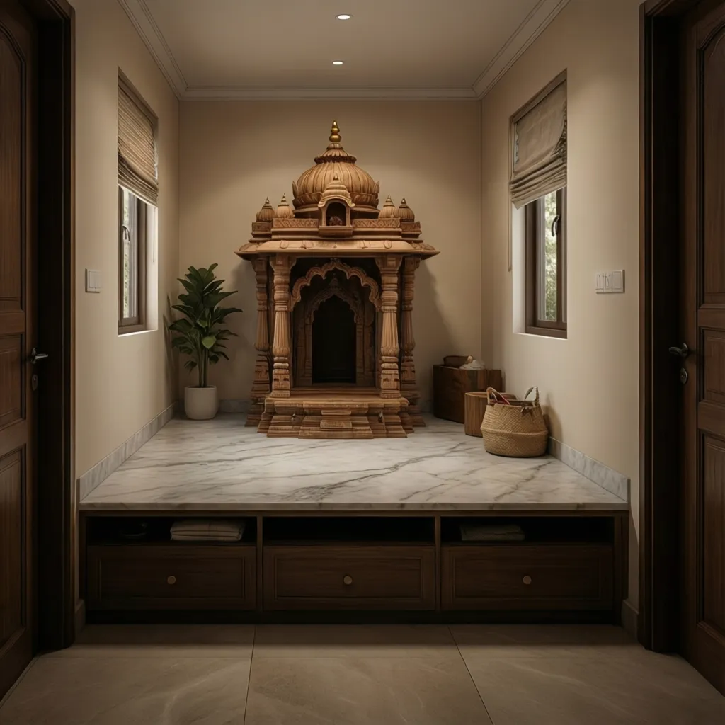 Traditional wooden temple on a marble platform with storage drawers inside a small neutral room