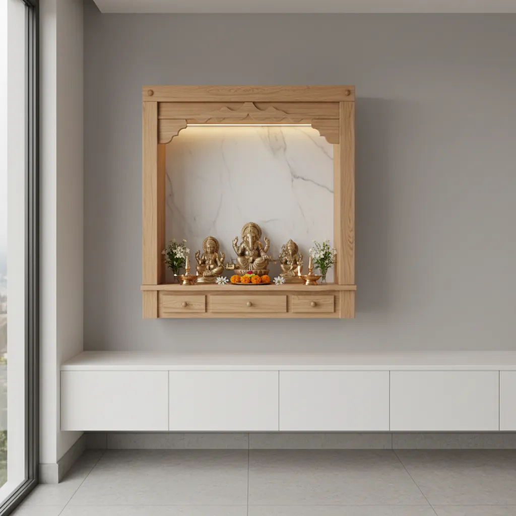 Compact wall niche pooja room with wooden mandir and warm lighting