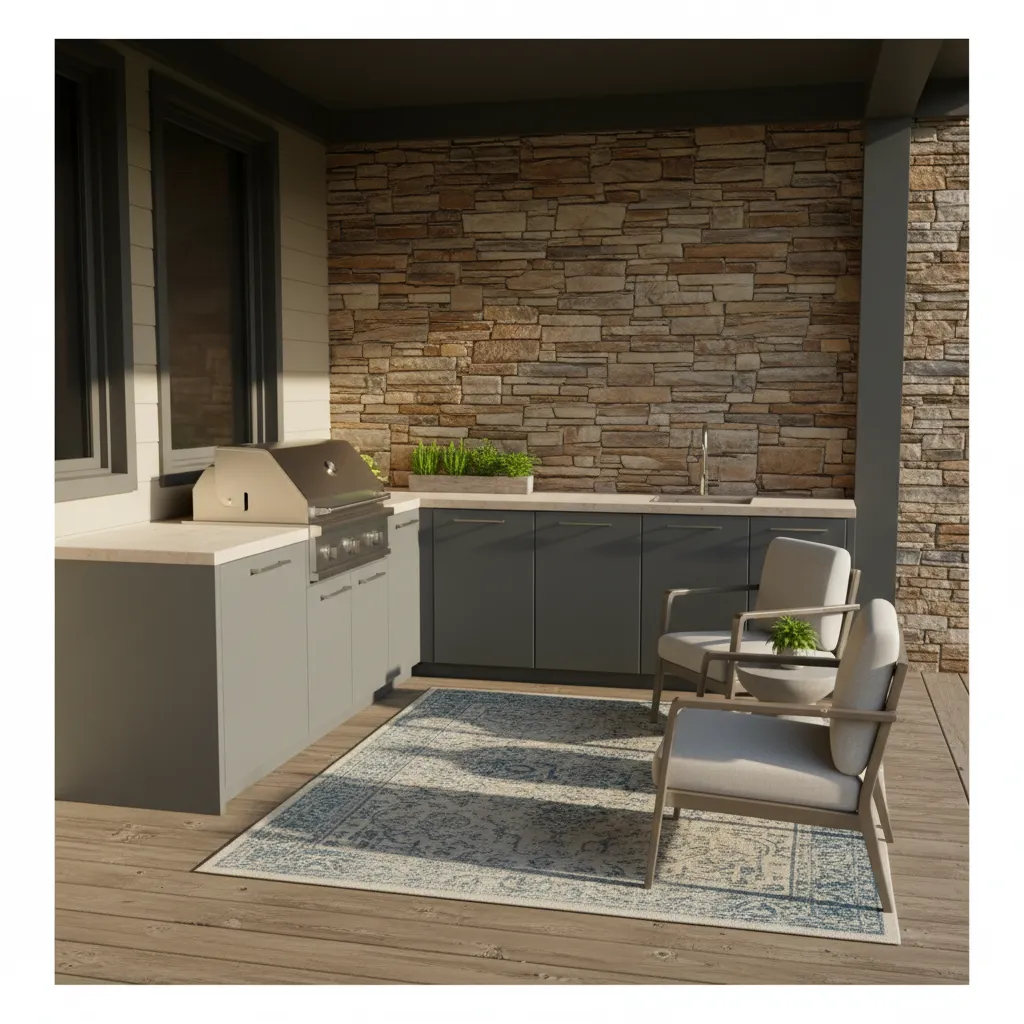 Small porch outdoor kitchen layout with grill prep counter and storage
