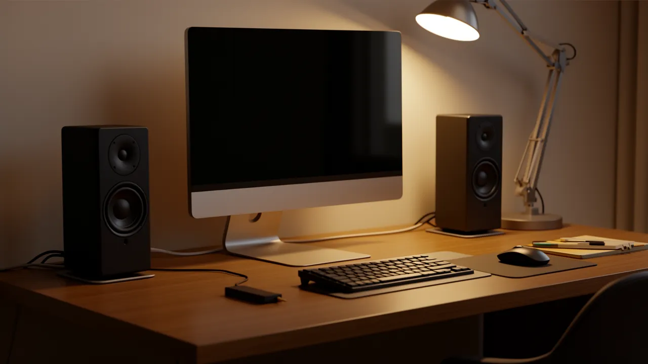 compact powered speakers on a modern desk setup