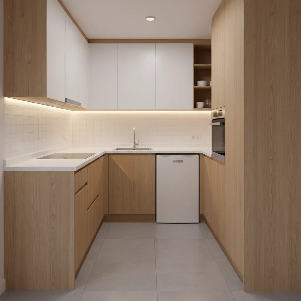 Compact galley kitchen inside prefab guest house with efficient layout