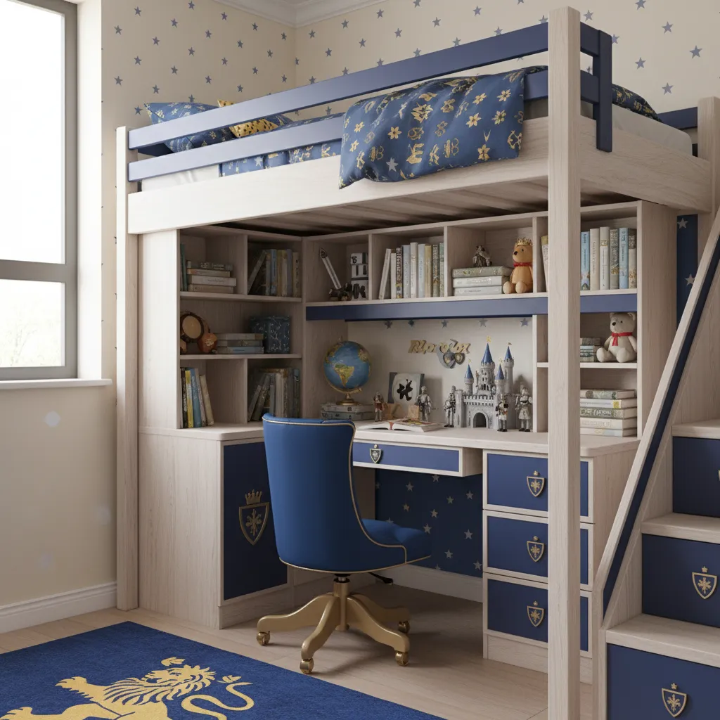Compact study desk under loft bed in prince themed bedroom