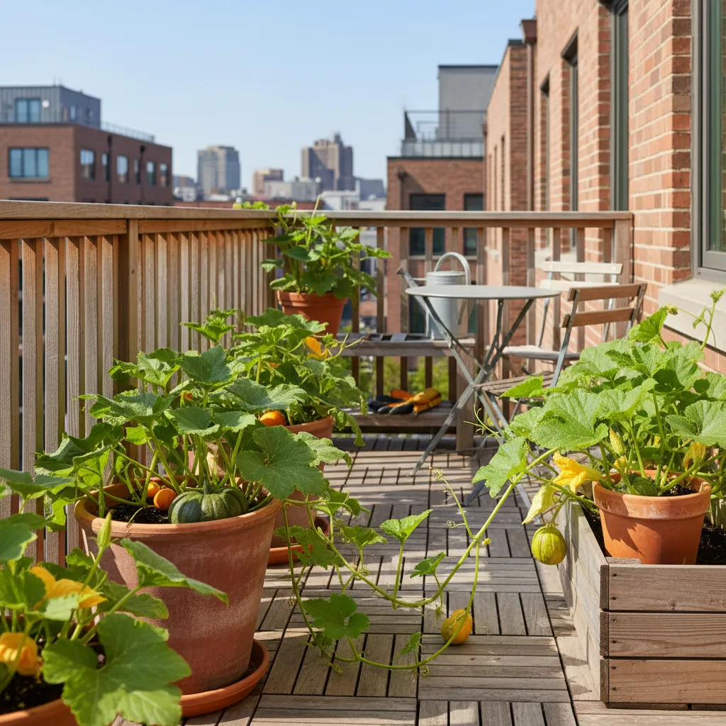 Mini pumpkin plants growing in large containers on a small patio garden