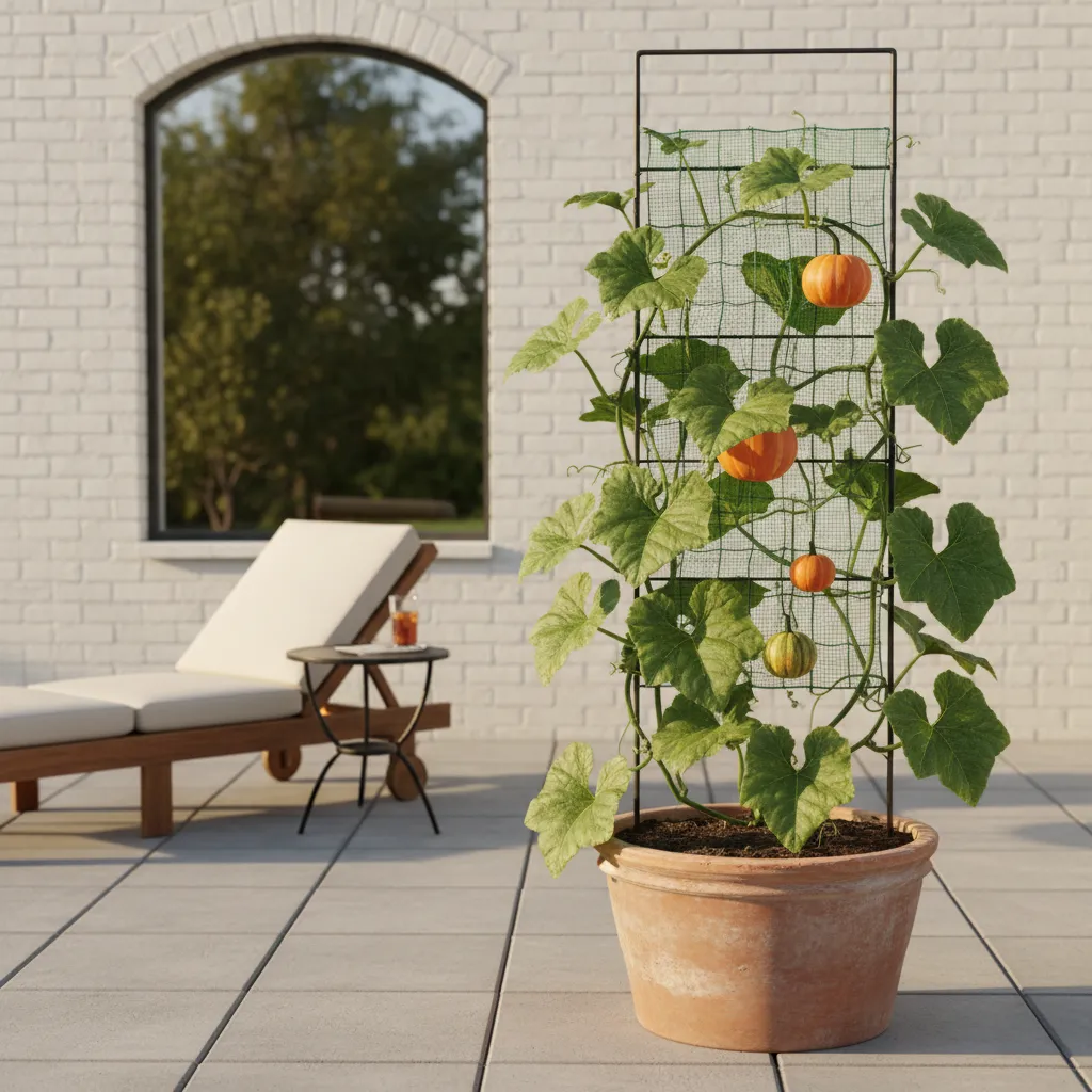 Compact pumpkin plant growing in container with trellis support