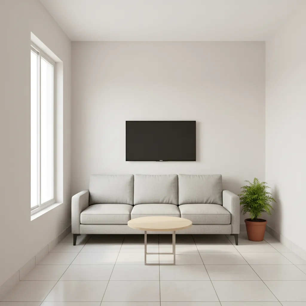 Minimalist living room with grey sofa round wooden coffee table wall mounted television and plant