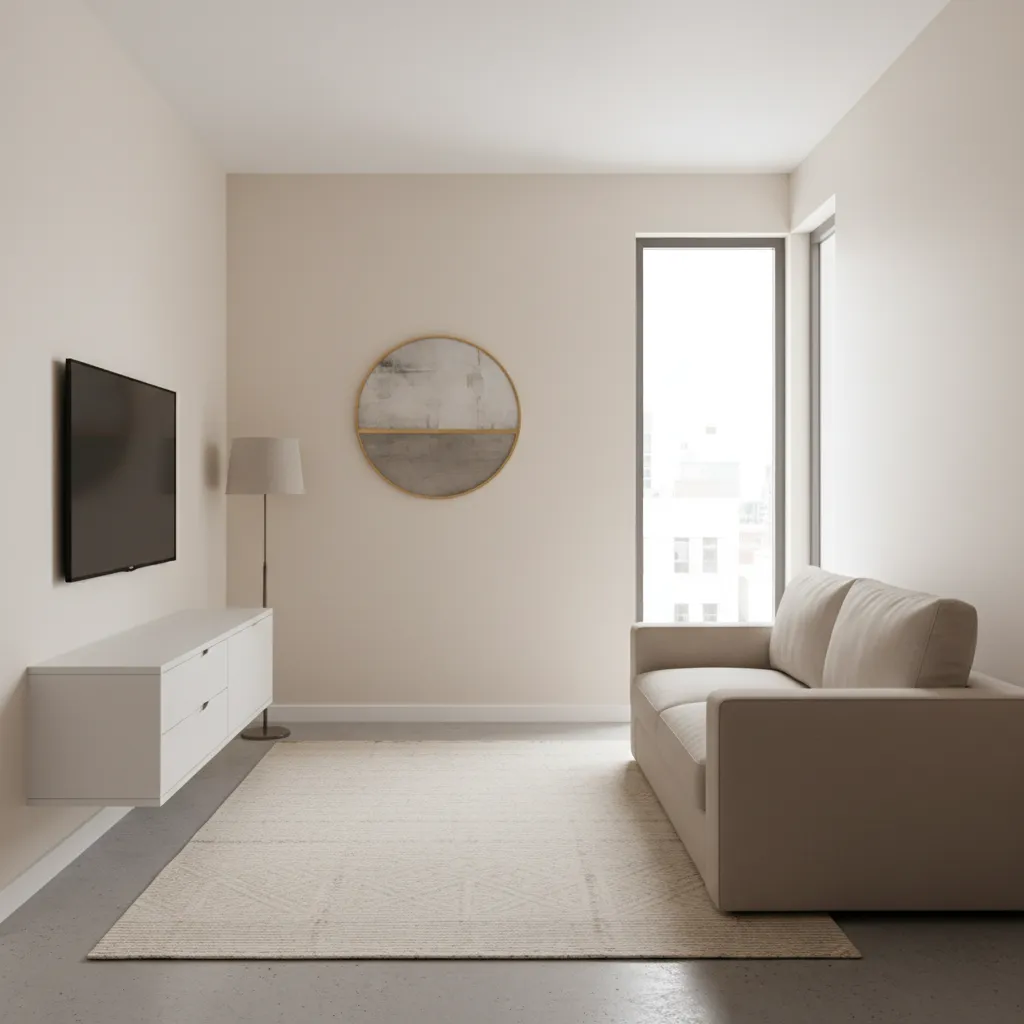 Small rec room layout with sofa media wall and open walking space