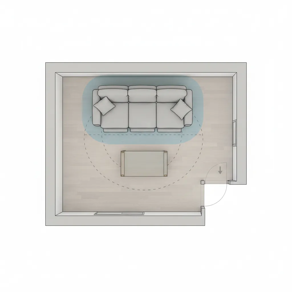 small living room layout showing recliner clearance and walking space