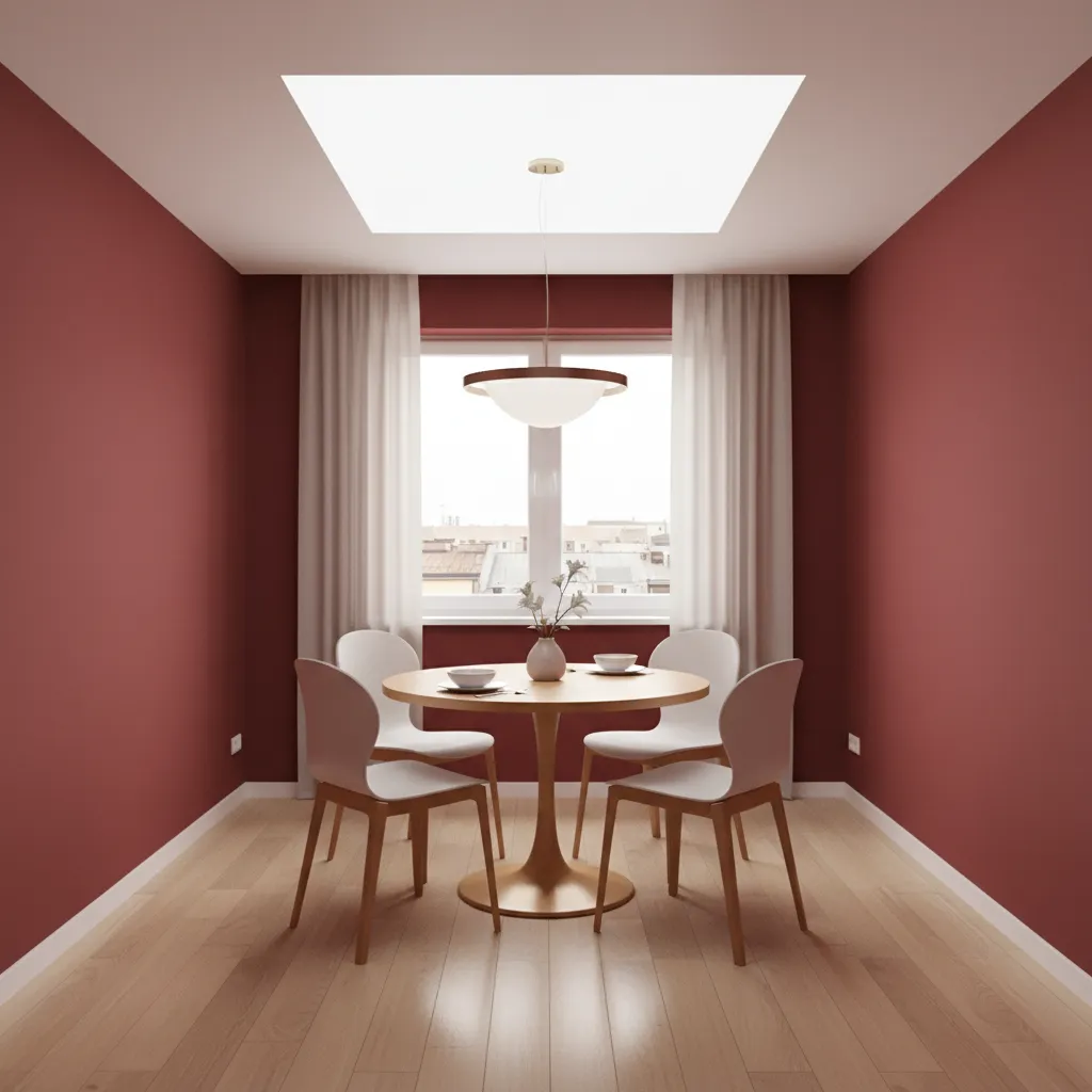 Small red dining room with compact table layout