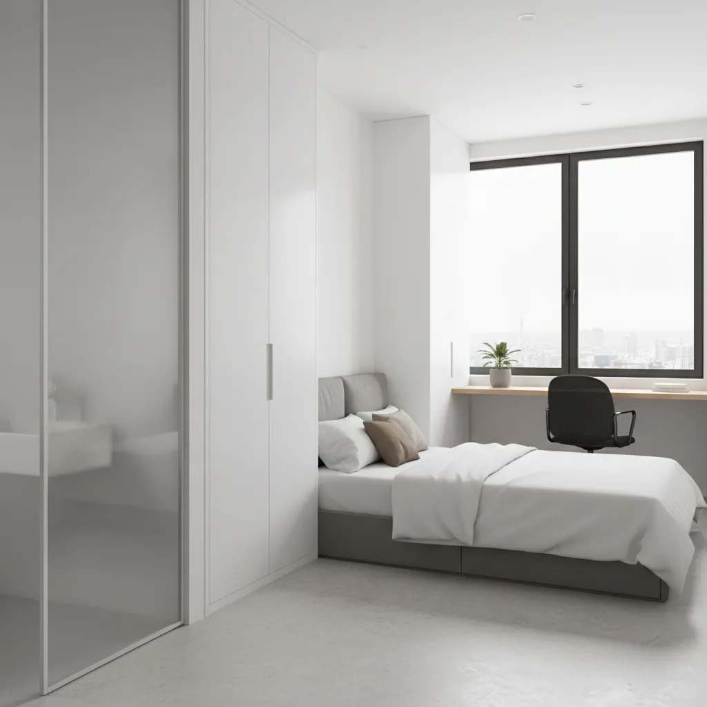 Nội thất phòng trọ nhỏ gọn khoảng 20m2 có cửa sổ và nhà vệ sinh riêng