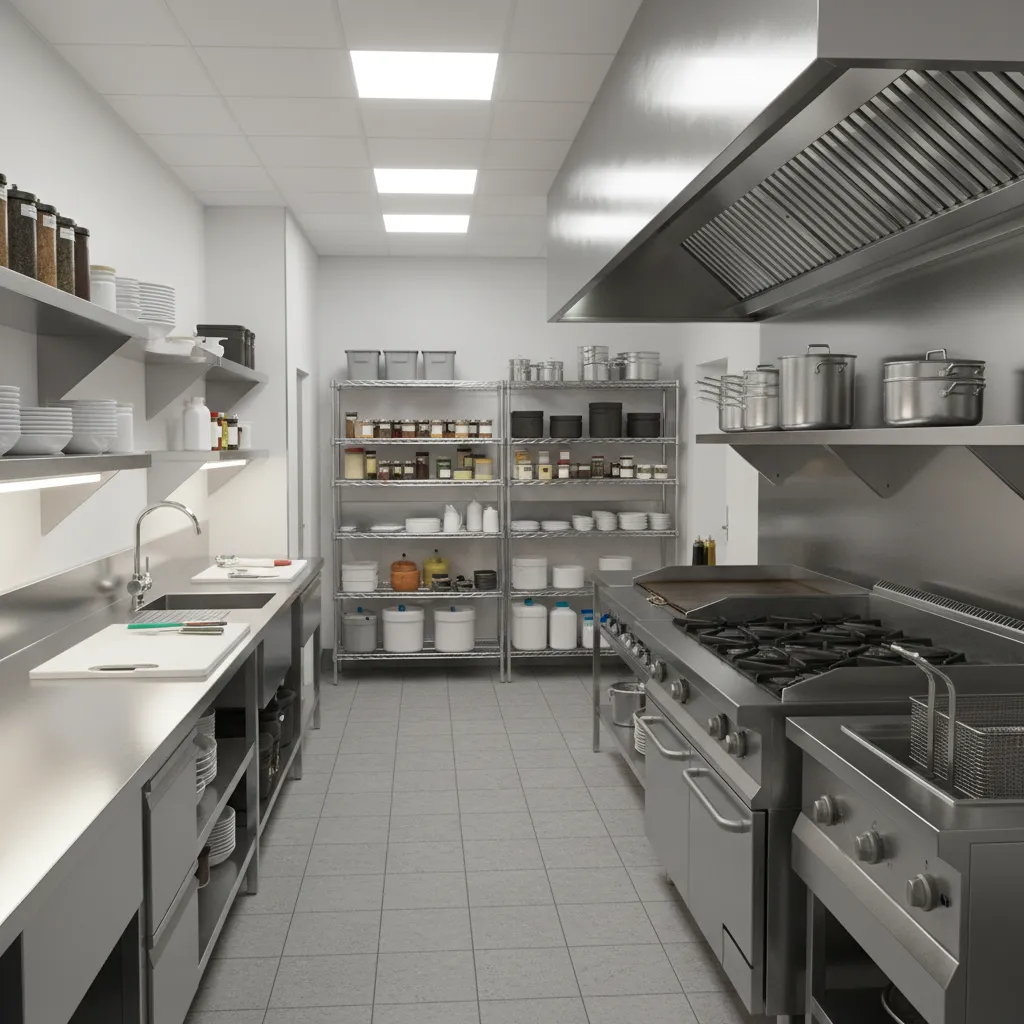 small restaurant kitchen showing organized prep and cooking workflow