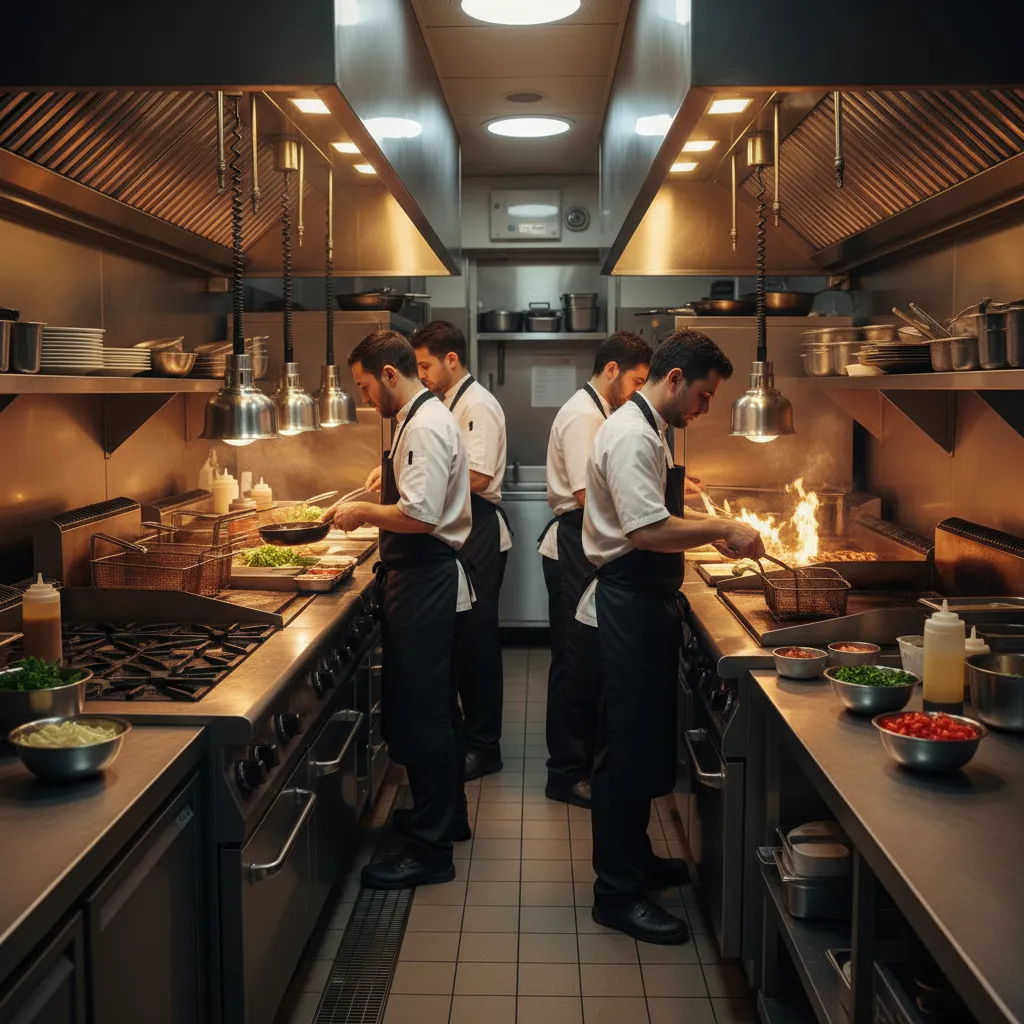 Compact restaurant kitchen workflow with staff moving between prep and service areas