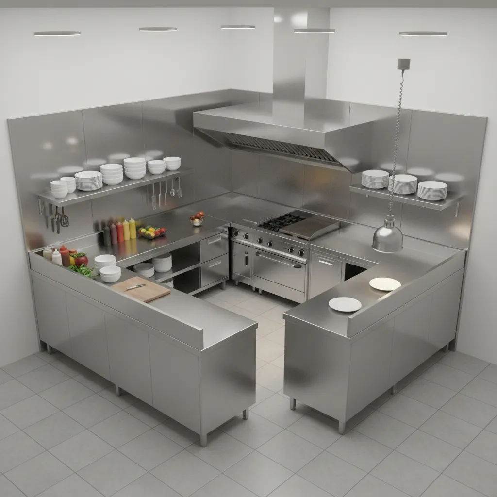 Small restaurant kitchen showing prep cooking and service zones