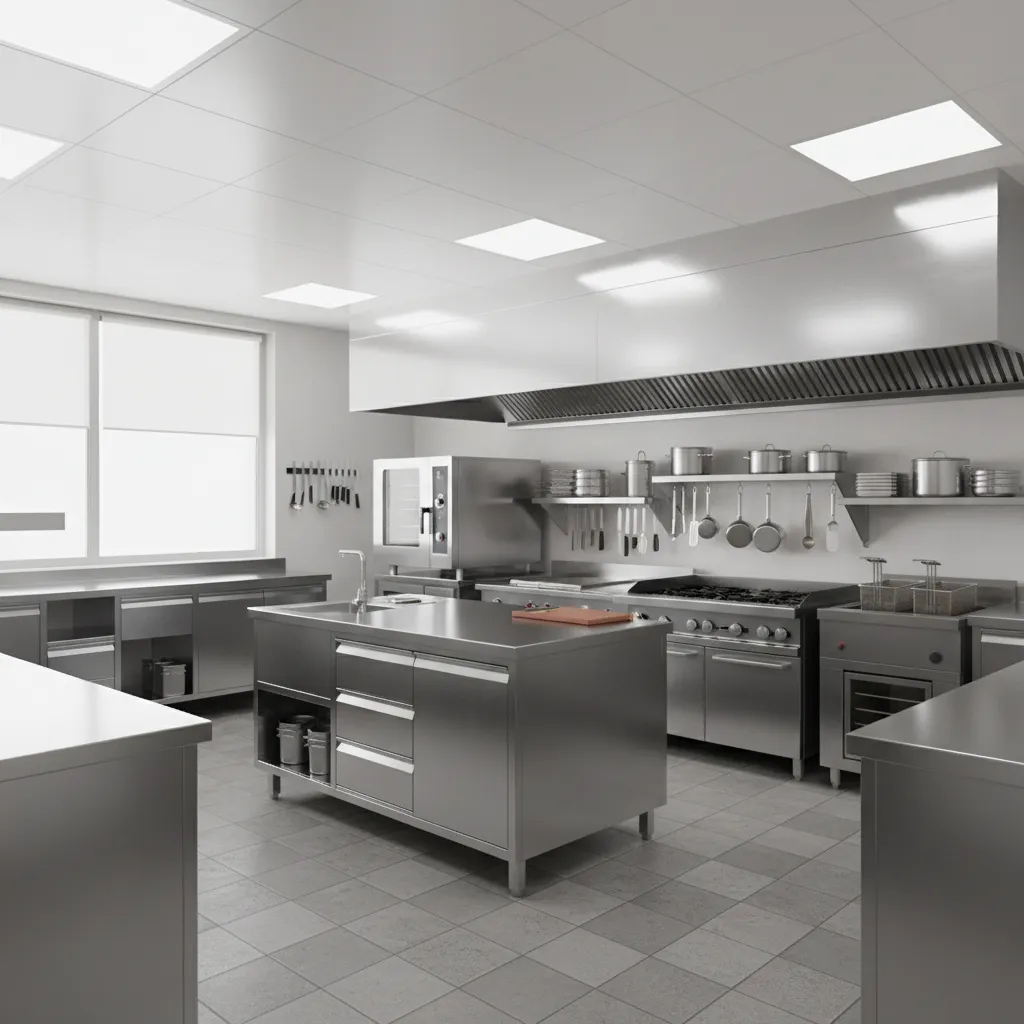 Compact professional restaurant kitchen with prep counters and cooking equipment