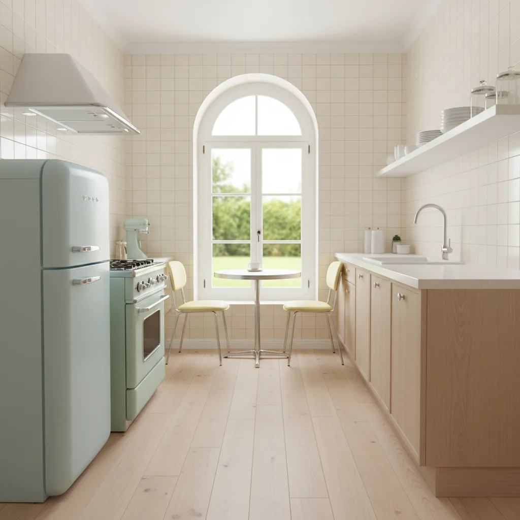 compact retro refrigerator and stove in a small kitchen layout