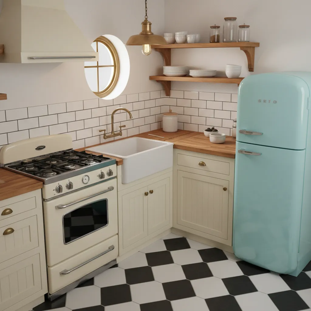 Efficient appliance placement in a small 1930s style kitchen