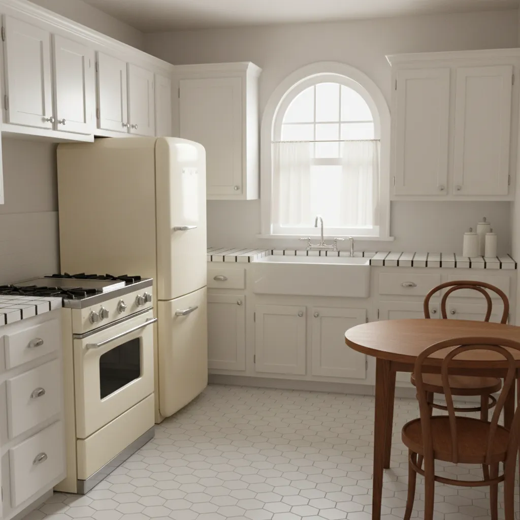 compact retro kitchen with vintage refrigerator and freestanding range