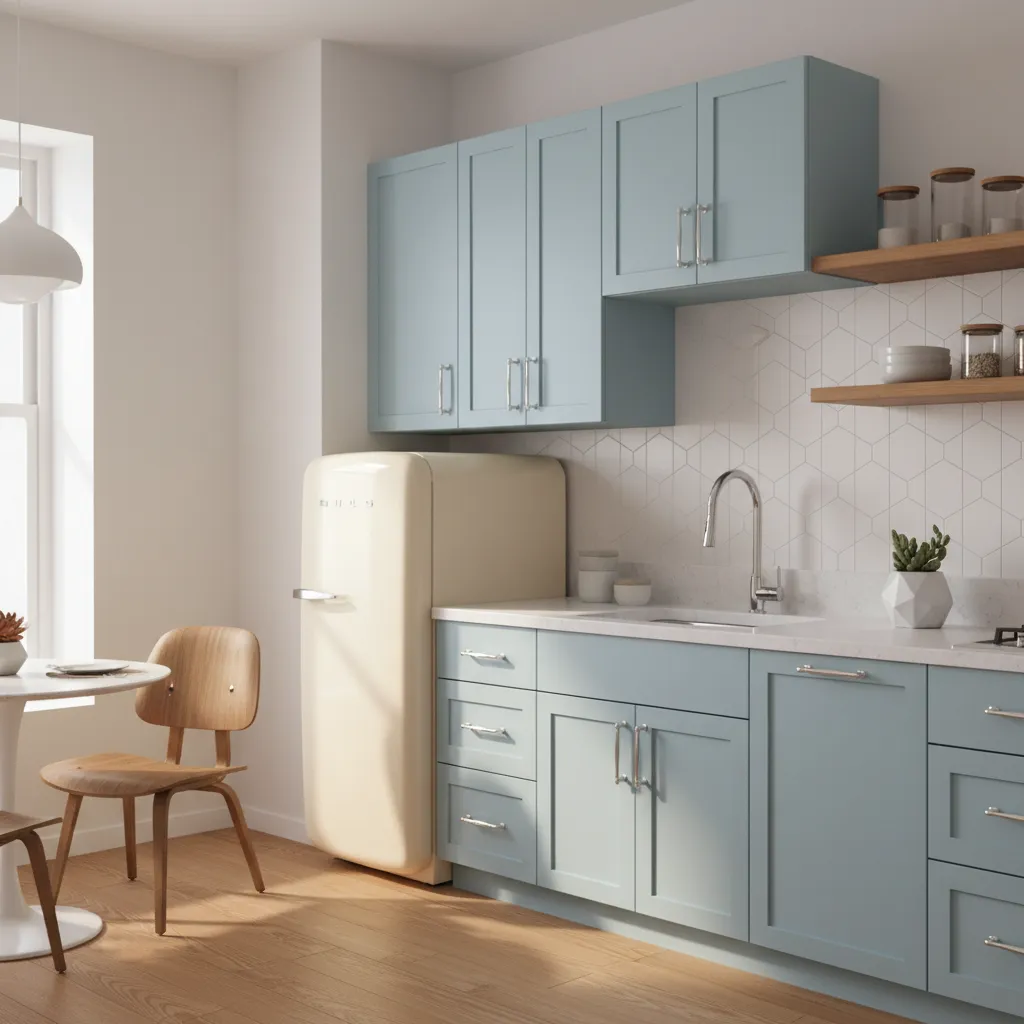 small retro kitchen with pastel cabinets and compact vintage appliances