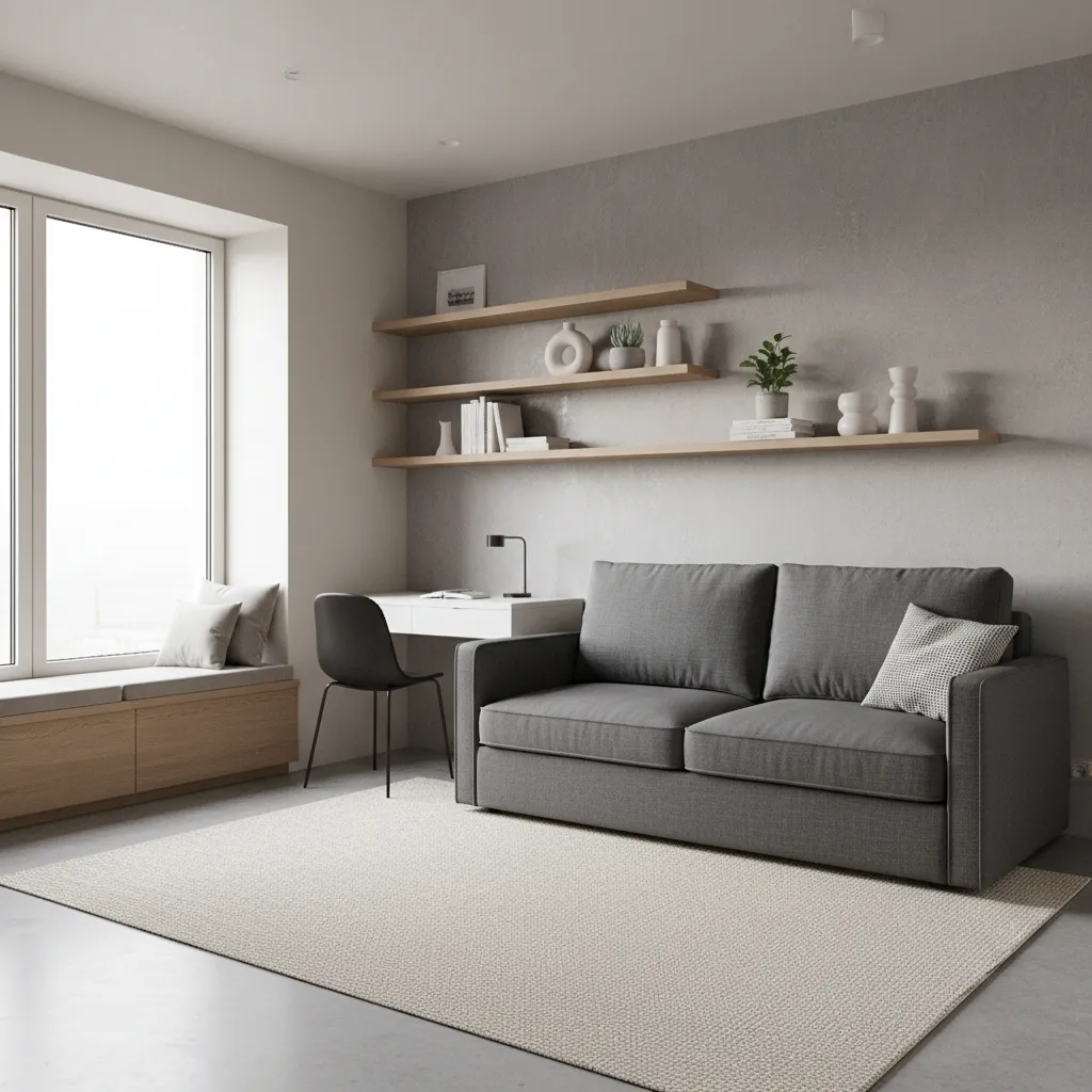 Multifunctional furniture layout in a compact apartment room
