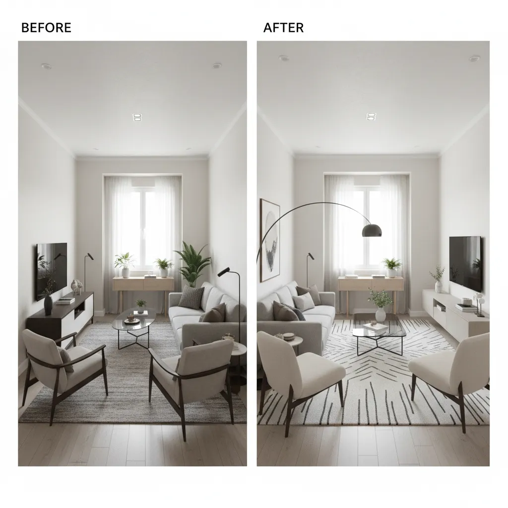 before and after small room layout render showing improved furniture arrangement