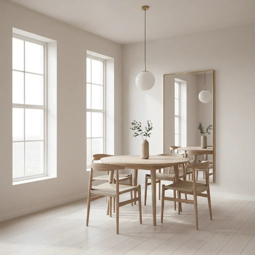 Small dining room with compact round dining table and minimal modern furniture