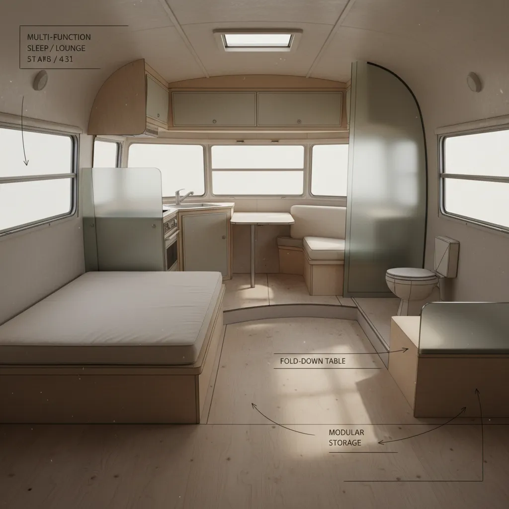 Interior design drawing showing a compact camper van layout with bed kitchen table and toilet