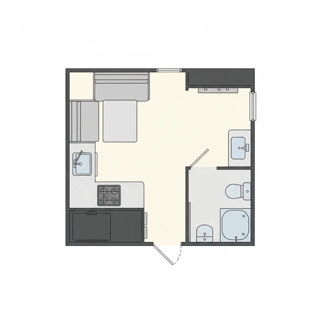 Simple floor plan diagram of a small travel trailer layout similar to Casita Liberty Deluxe