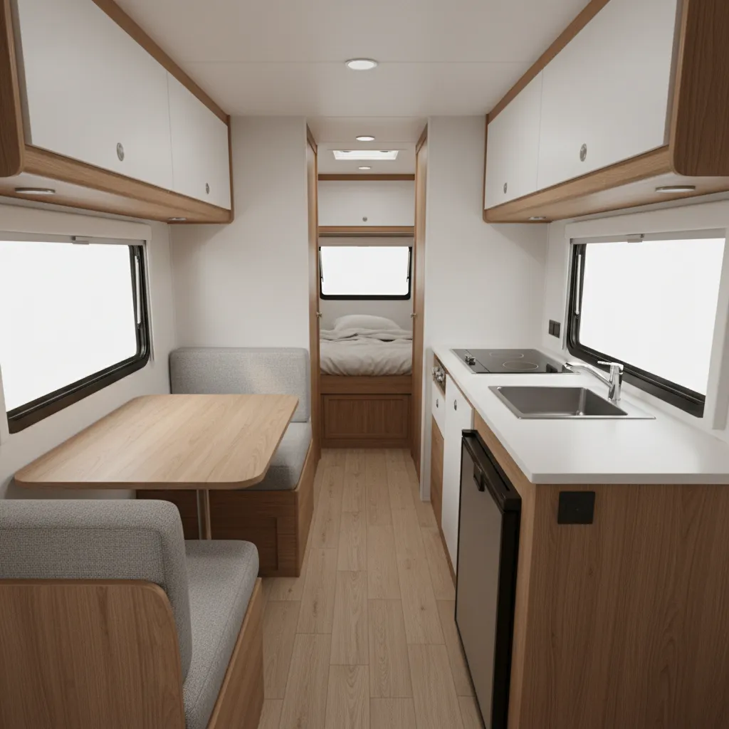 Compact RV interior showing dinette and kitchen layout with narrow aisle