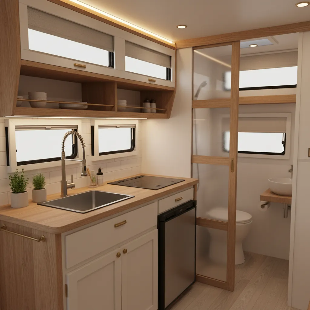 Efficient compact RV kitchen and bathroom layout in small travel trailer