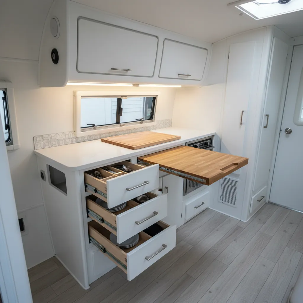 Compact RV kitchen with fold-down counter extension and organized storage
