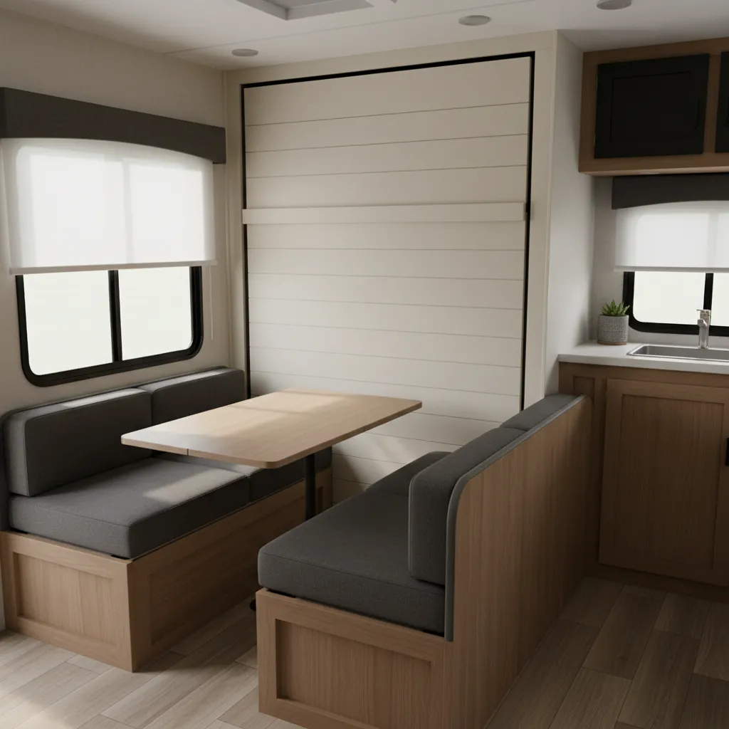 murphy bed and dinette combination inside a small travel trailer interior