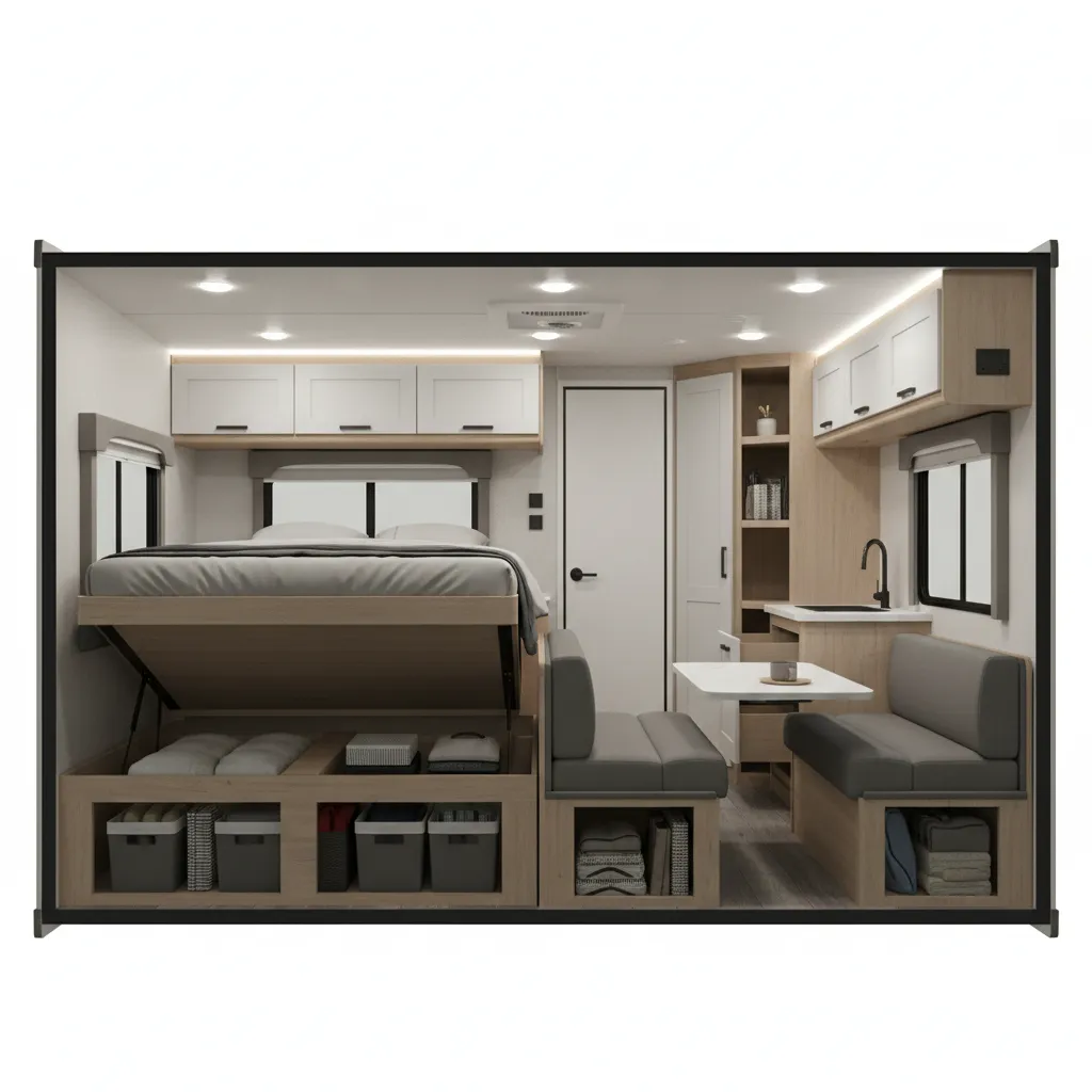 Storage zones in a small travel trailer including overhead cabinets and under bed storage
