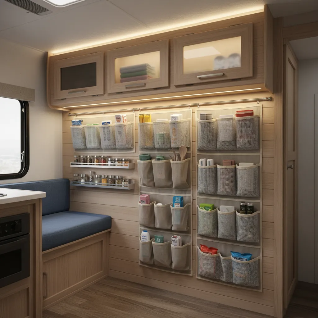 Vertical wall storage and organizers inside a small RV interior