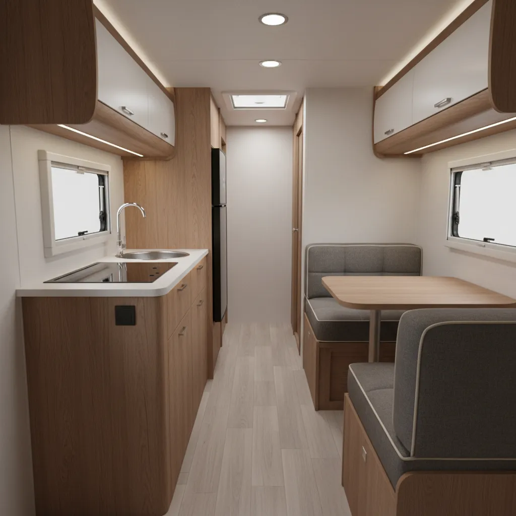 Narrow walkway inside a small travel trailer between kitchen and seating area